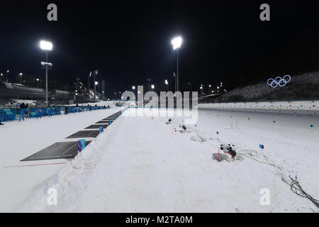 PyeongChang. 9. Februar, 2018. Pyeongchang, Südkorea. Credit: MATSUO. 8 Feb, 2018. Allgemeine Ansicht Biathlon: Männer Offizielle Ausbildung bei Alpensia Zentrum während des PyeongChang 2018 Olympic Winter Games in Pyeongchang, Südkorea. Credit: MATSUO. K/LBA SPORT/Alamy leben Nachrichten Stockfoto