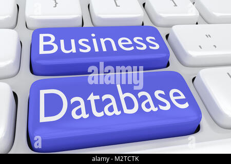 3D-Abbildung der Tastatur mit dem Skript Business Datenbank auf zwei benachbarten blauen Tasten Stockfoto