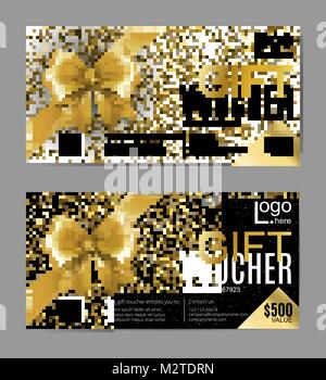 Vektor Geschenkkarte oder Gutschein Vorlage mit realistischen gold Schleifenband. Golden, Schwarz und Weiß vip-Urlaub Karten. Luxus Design Konzept für Gutschein, Einladung, Zertifikat, Flyer, Banner, Ticket. Stock Vektor