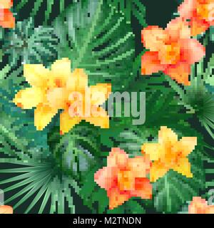 Tropischen Palmen und Orchideen Blumen Hintergrund. Nahtlose Muster im Vektor Stock Vektor