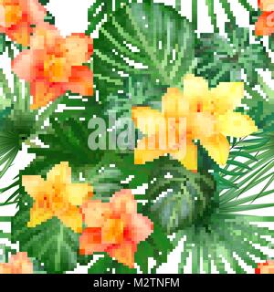 Tropische nahtlose Muster mit Palm Blätter und Blüten. Vector Illustration. Stock Vektor