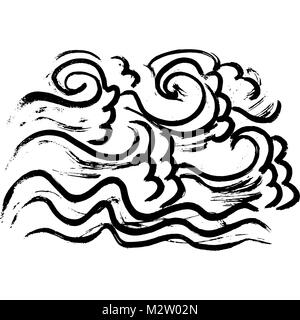 Tinte wellige Textur. Mit einem Pinsel Meer Muster. Ocean waves Malerei Hintergrund. Vector Illustration. Hand schwarz und weiß Artwork gezeichnet. Stock Vektor