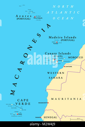 Makaronesien politische Karte. Azoren, Kap Verde, Madeira und die Kanarischen Inseln. Sammlung von vier Inselgruppen in den Nordatlantik. Stockfoto