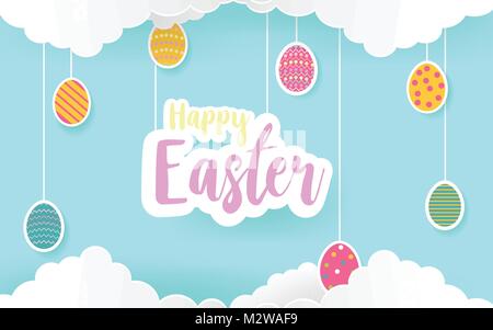 Frohe Ostern Tag paper Art Card Design mit Candy Farben. Frohe Ostern abstrakte haging mit 2D, Paper art Eier in Candy blue sky. Vector Illustration. Stock Vektor