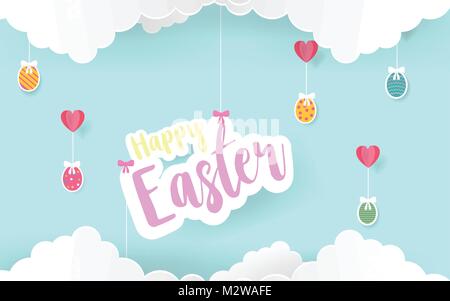 Frohe Ostern Tag paper Art Card Design mit Candy Farben. Frohe Ostern abstrakte haging mit 2D, Paper art Eier in Candy blue sky. Vector Illustration. Stock Vektor