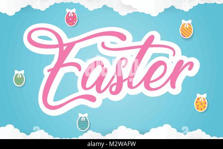 Frohe Ostern Tag paper Art Card Design mit Candy Farben. Frohe Ostern abstrakte haging mit 2D, Paper art Eier in Candy blue sky. Vector Illustration. Stock Vektor