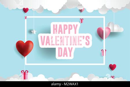 Happy Valentine's Day Vector Illustration. paper Art rosa und roten Herzen Luftballons. Papier Wolken im blauen Himmel EPS 10. Stock Vektor