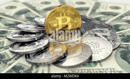 Golden bitcoin steht in der Mitte des riesigen Stapel von cryptocurrencies und Dollarscheine auf dem Boden. Bitcoin als wertvollstes Gut. 3D-Rendering Stockfoto