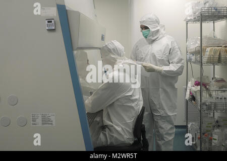 Labortechniker in Gefahrstoffanzügen arbeiten im „Reinraum“ in den Labors der israelischen Biotechnology Bonus Biogroup, die innovative Technologie zur Lieferung von Tissue-Engineering-fähigen Knochentransplantaten im Matam Hightech-Park in Haifa, Israel, anwendet. Bonus Biogroup geht mit ihrer weltweit einzigartigen Technologie an die Öffentlichkeit, die das Wachstum von lebendem und aktivem menschlichem Gewebe außerhalb des Körpers ermöglicht. Die Ergebnisse klinischer Studien, in denen Patienten im Labor gezüchtetes Knochengewebe aus den eigenen Fettzellen des Patienten erhielten und es in einer minimal-invasiven Operation mittels Injektion wieder transplantieren. Stockfoto