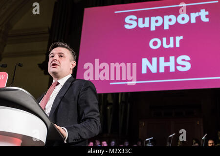 Jonathan Ashworth MP, Schatten Gesundheit Sekretärin bei einer Rallye durch die Labour Party statt Not-Budget für das NHS im Westminster Central Methodist Halle am Donnerstag, Januar 25, 2018 verlangen. Stockfoto