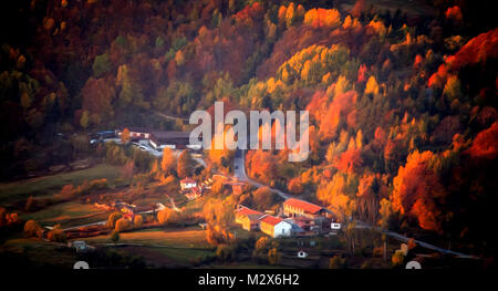 Goldene und rote abstrakte Ölgemälde von kleinen Stadt im Wald Stockfoto