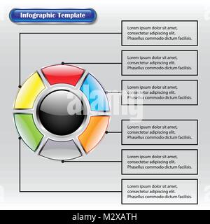 Vector Illustration Infografik Template entworfen, als sieben glänzenden Knöpfen. Einen großen schwarzen Kreis wird in der Mitte durch sechs verschiedene Farbe umgeben. Stock Vektor