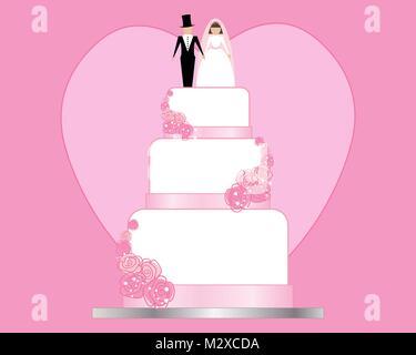 Ein Beispiel für eine rosa-weißen Hochzeit Einladung mit milchglas 3 Tier Kuchen rosa Rosen und Braut und Bräutigam Dekoration auf einem rosa Hintergrund Stock Vektor