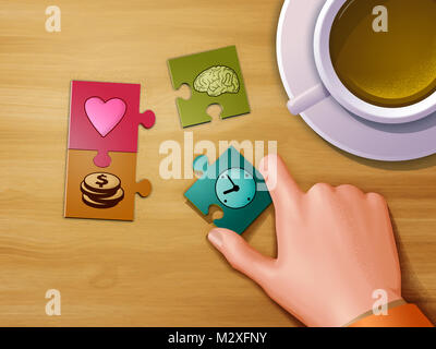 Die Zusammenstellung verschiedener Teile des Lebens einer Person. Digitale Illustration. Stockfoto