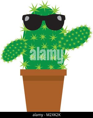 Vector Illustration eines cute cartoon Kaktus in schwarz Sonnenbrille in einem Topf auf weißem Hintergrund Stock Vektor