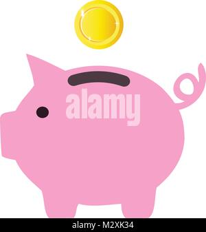 Vector Illustration eines Sparschwein mit goldenen Münze. Symbol Sparschwein flat, auf weißem Hintergrund. Banking und Business Konzept. Stock Vektor