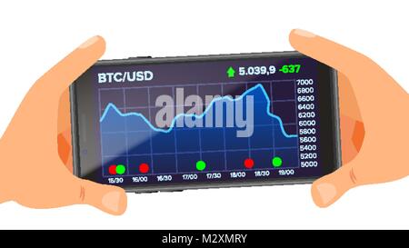 Bitcoin Anwendung Web Charts Vektor. Hand Smartphone. Bitcoin Exchange App. Digitales Geld. Anlagekonzept. Stock Vektor