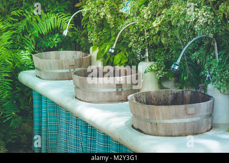 Tropical View Reihe von Holz- Waschbecken und Wasserhahn in japanischem Design mit vertikalen Pflanzen Wand Hintergrund im Garten im Freien. Stockfoto