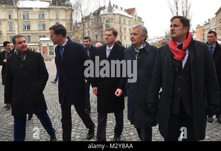 Ljubljana, Slowenien am 6. Februar., 2017. Mark Rutte, Miro Cerar, Didier Reynders und Xavier BETTEL auf einem Spaziergang durch die Altstadt von Ljubljana. Stockfoto