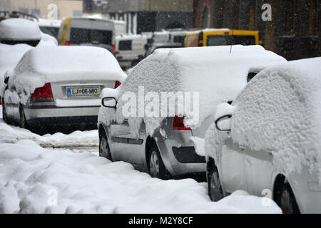 Lubljana, Slovenien auf Februar 7., 2018. Snowy Szene in Ljubljana, die Hauptstadt Sloweniens nach Schnee Sturm. Stockfoto