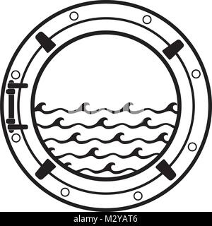 Vector schwarz-weiße u-boot Fenster Symbol mit Wellen im Meer. Kreuzfahrtschiff Kabine bullauge Symbol. Stock Vektor