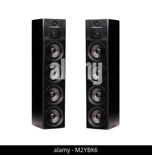 Paar professionelle moderne Audio Lautsprecher in Schwarz Holzgehäuse auf weißem Hintergrund Stockfoto