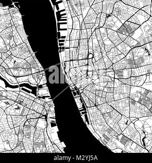 Liverpool Downtown Vektorkarte Monochrome Kunstdruck, Outline Version für Infografik Hintergrund, schwarze Straßen und Wasserstraßen Stock Vektor