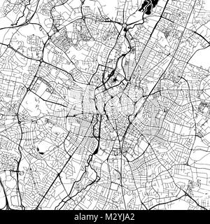 Leicester Downtown Vektorkarte Monochrome Kunstdruck, Outline Version für Infografik Hintergrund, schwarze Straßen und Wasserstraßen Stock Vektor