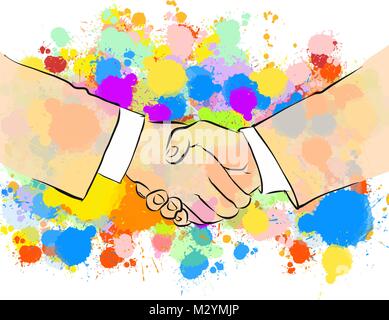 Business Handshake mit bunten Hintergrund. Hand gezeichnet Vector Illustration, Splatter Farbe isoliert auf weißem Hintergrund. Kreative Kommunikation Conc Stock Vektor