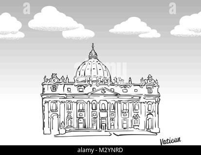Vatikan Wahrzeichen Skizze. Lineart Zeichnung von Hand. Grußkarte Symbol mit Titel, Vektor, Abbildung Stock Vektor