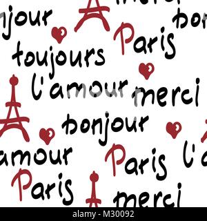 Vektor nahtlose Muster mit handschriftlichen französischen Wörtern. Pinsel Kalligraphie. Paris, toujours l'amour, Merci, Bonjour Worte. Stock Vektor
