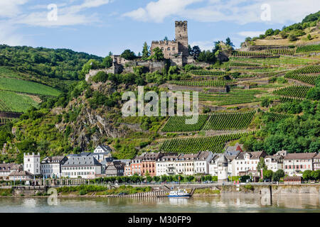 Deutschland, Rheinland-Pfalz, Rheintal, dem Rhein und Burg Gutenfels Stockfoto