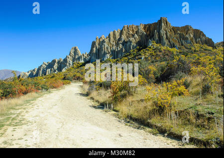 Riesige scharfe Zinnen der Omarama Clay Cliffs, Südinsel, Neuseeland Stockfoto