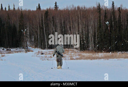 Spc. Brian Rabon, ein Signal support systems Specialist mit Hauptsitz. Akku, 2. Battalion, 14th Field Artillery Regiment, 1 Stryker Brigade Combat Team, 25 Infanterie Division, Skier vom Schießplatz während einer Biathlon von 2-8 FA am Fort Wainwright, Alaska's Birch Hill Erholungsgebiet am 21.November durchgeführt. (U.S. Armee Foto von Sgt. Michael Blalack, 1/25 SBCT Public Affairs) 121121-A-AX 238-004 von 1 Stryker Brigade Combat Team arktische Wölfe Stockfoto