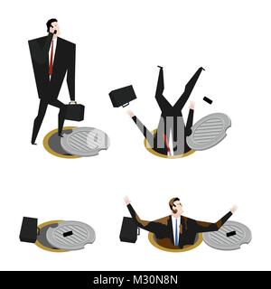 Geschäftsmann fiel Abwasserkanal Luke gesetzt. Chef in Schacht unterirdische Abwasserkanal. Stock Vektor