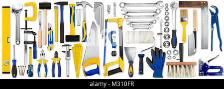 Umfangreiche Sammlung von Gelb Blau und Holz- diy Hand Tools auf weißem Hintergrund Stockfoto