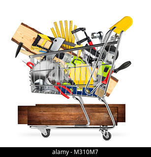 DIY-Markt Hardware Store Konzept Werkzeuge und Holzbohlen im Warenkorb auf weißem Hintergrund Stockfoto