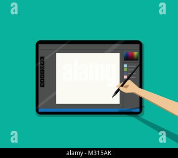 Sicht, Mann Zeichnung auf leeres Tablet von Pen, Vektor Stock Vektor