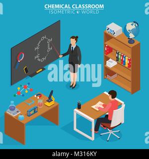 Chemische Unterricht. Schule Bildung isometrische Designkonzept mit Lehrer an der Tafel und Schüler im Klassenzimmer. Stock Vektor