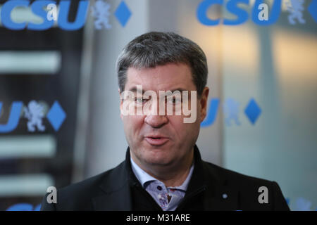 München, Deutschland. 08 Feb, 2018. Bayerns Finanzminister Markus Soeder. Im März wird er bayerische Ministerpräsident geworden. Der Vorstand der Christlich Sozialen Union (CSU) nach dem Ende der Koalition beraten die Gespräche mit der christlichen Deocratic Union mit Angela Merkel und der Sozialdemokratischen Partei Deutschlands (SPD). Credit: Alexander Pohl/Pacific Press/Alamy leben Nachrichten Stockfoto
