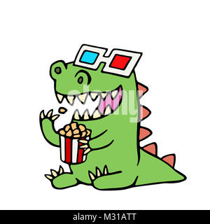 Lustige Dinosaurier in 3D-Brille und eine Portion Popcorn. Cute cartoon Charakter. Stockfoto