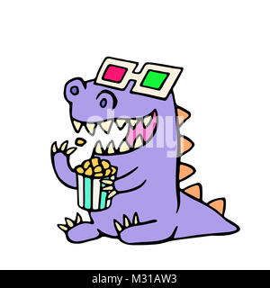Happy dragon Anaglyphen und eine Portion Popcorn. Cute cartoon Charakter. Stockfoto