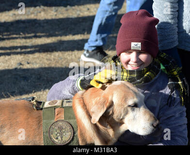 Senior Chief Petty Officer Zinn, ein Coast Guard K-9 von der Sicherheit des Seeverkehrs Response Team in Chesapeake, Virginia, unterhält draengler am militärischen Bowl 2017, am Navy-Marine Corps Memorial Stadium in Annapolis, Maryland, Dez. 28, 2017 gehostet wird. Die Tin-Handler ist Chief Petty Officer John Mitchell, eine maritime Strafverfolgung Spezialist von MSRT. (U.S. Küstenwache Stockfoto