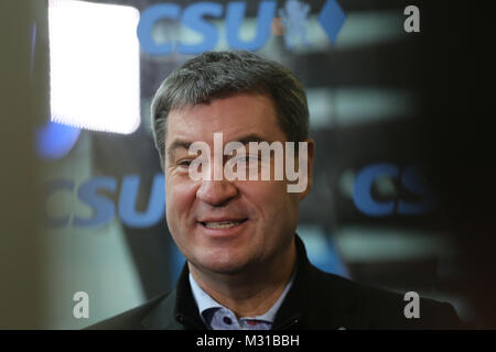 München, Deutschland. 08 Feb, 2018. Bayerns Finanzminister Markus Soeder. Im März wird er bayerische Ministerpräsident geworden. Der Vorstand der Christlich Sozialen Union (CSU) nach dem Ende der Koalition beraten die Gespräche mit der christlichen Deocratic Union mit Angela Merkel und der Sozialdemokratischen Partei Deutschlands (SPD). Credit: Alexander Pohl/Pacific Press/Alamy leben Nachrichten Stockfoto