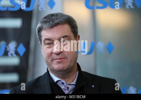 München, Deutschland. 08 Feb, 2018. Bayerns Finanzminister Markus Soeder. Im März wird er bayerische Ministerpräsident geworden. Der Vorstand der Christlich Sozialen Union (CSU) nach dem Ende der Koalition beraten die Gespräche mit der christlichen Deocratic Union mit Angela Merkel und der Sozialdemokratischen Partei Deutschlands (SPD). Credit: Alexander Pohl/Pacific Press/Alamy leben Nachrichten Stockfoto