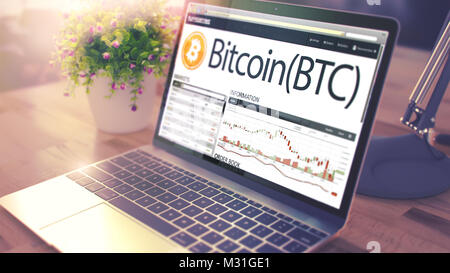 BITCOIN auf dem Laptop Bildschirm. Cryptocurrency Konzept. 3D. Stockfoto