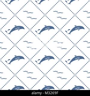 Nahtlose Muster mit Delphinen, Spritzern und Wellen. Design für Banner und Drucken. Stock Vektor