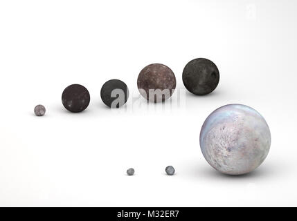 Dieses Bild stellt die Größe Vergleich zwischen Neptun und Uranus Monde in einem präzise und wissenschaftlich Design. Dies ist ein 3-D-Rendering. Stockfoto