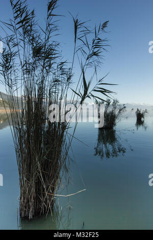 Ioannina See in der Region Epirus, Griechenland. Künstlerische Panoramablick mit natürlichen Spiegelbild im Wasser und Nebel Stockfoto