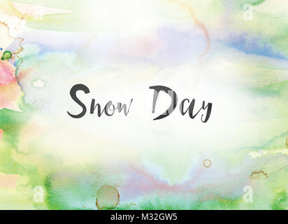 Die Worte Snow Day Konzept und Thema in schwarzer Tinte auf einem bunt bemalten Aquarell Hintergrund geschrieben. Stockfoto